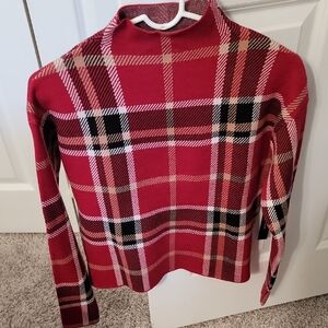 Tahari Red and Black Plaid Turtleneck Sweater